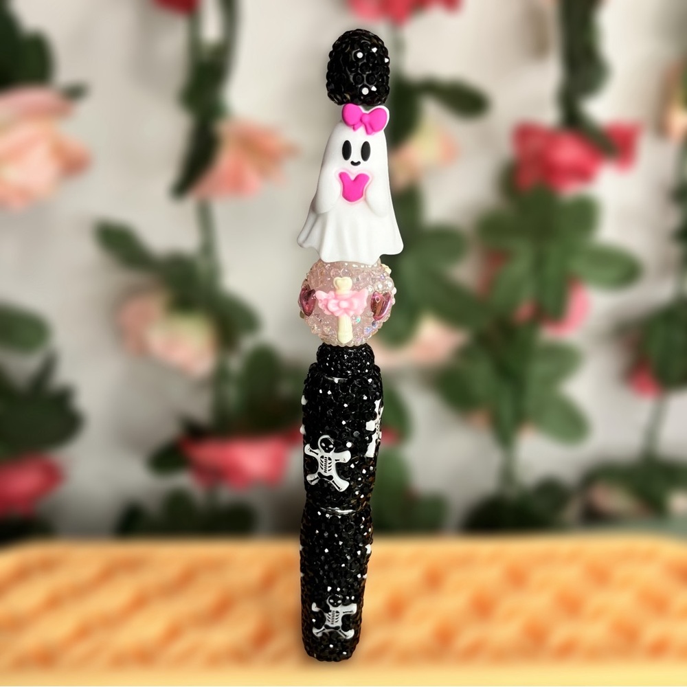 Cute Preppy Ghost Handmade Beaded Pen with Rhinestone Skeleton Base